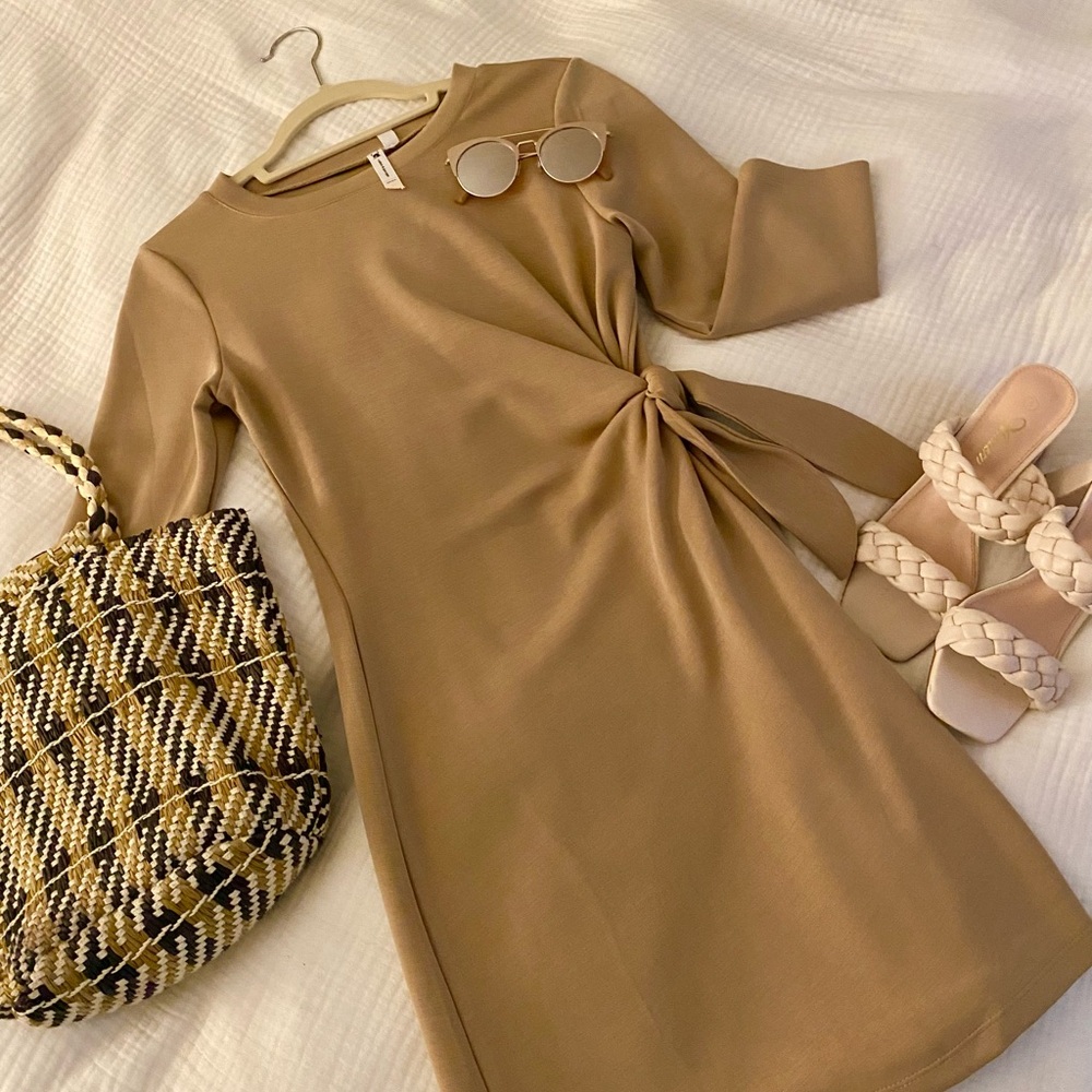 Cable & Gauge Tan Long Sleeve Dress with Side Tie